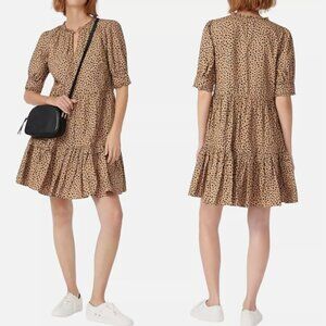 J. Crew Ruffle Neck Tiered Popover Dress in Leopard Polka Dot Brown Women's M